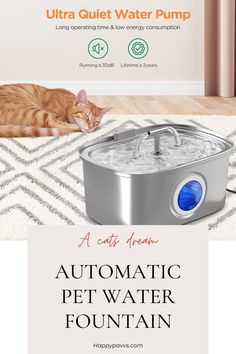 an automatic pet water fountain is on the floor with a cat laying next to it