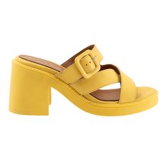 The Milan is the perfect slip on heeled pump with crossover straps and a buckle detail for a sleek and fashionable look. Leather upper, Slip on for easy entry,3.25\ block heel, Open round toe, Leather lined lightly cushioned footbed, Rubber outsole, Buckle detail on upper strap | Women's Bueno Milan Dress Sandals in Yellow Size 10.5 Trendy High Heel Mules With Buckle Closure, Spring Buckle Closure Heels For Work, Spring Workwear Heels With Buckle Closure, Summer Block Heel Mules With Buckle Closure, Spring Workwear Sandals With Block Heel, Summer Workwear Mules With Buckle Closure, Summer Workwear Block Heels With Removable Insole, Medium Width Block Heels For Workwear In Summer, Summer Workwear Block Heels Medium Width