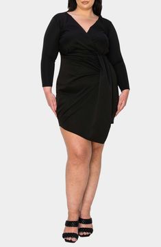 Strike a pose at your next night on the town in this stretchy and svelte body-con dress that's perfected by a modern asymmetric hem. 40" length (size 1X) Slips on over head Surplice V-neck Bracelet-length sleeves Unlined 95% polyester, 5% spandex Machine wash, tumble dry Made in the USA of imported fabric Draped Elastane Bodycon Dress For Night Out, Bodycon Dress For Date Night With Asymmetrical Hem, Date Night Bodycon Dress With Asymmetrical Hem, Fitted Draped Bodycon Dress For Night Out, Asymmetrical Elastane Mini Dress For Party, Asymmetrical Stretch Mini Dress For Date Night, Flattering Knee-length Bodycon Dress For Night Out, Flattering Bodycon Dress For Night Out, Stretch Mini Dress With Asymmetrical Shape For Night Out