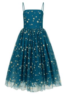 Night Sky Dress Starry Tulle Dress, Tulle Dress Stars, Night Sky Midi Dress, Dark Blue Star Dress, Dark Blue Dress With Stars, Fitted Blue Star Print Dresses, Night Sky Dress, Blue Star Print Party Dress, Sky Dress