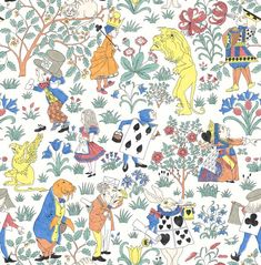 an image of children's wallpaper with animals and flowers on white background,