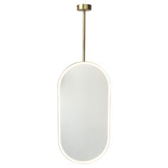 an oval shaped mirror hanging from a brass pole