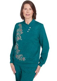 The timelessness of Alfred Dunner's paisley-embroidered sweater will never go unnoticed. Featuring a ribbed envelope neckline with added buttons and ribbed long sleeves to keep you warm. | Alfred Dunner Women's French Quarter Paisley Embroidered Envelope Neck Sweater, Large Embroidered Sweater, French Quarter, Alfred Dunner, Neck Sweater, Sweater Outfits, Paisley, Envelope, Long Sleeves, Clothes For Women