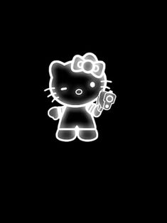 an image of a hello kitty holding a cell phone in the dark with neon lights