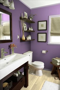 a white toilet sitting next to a bathroom sink in a blue room with wooden floors