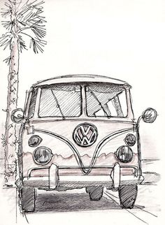 a drawing of a vw bus parked in front of a palm tree