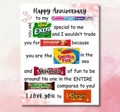 an anniversary card with candy and candies for someone's special occasion to be