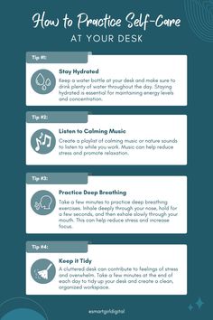 Taking care of yourself at your desk is crucial for maintaining your well-being during long work hours. Here are some self-care tips you can easily do right at your desk. Remember to prioritize your well-being throughout the workday, and don't hesitate to take the time you need to care for yourself, even if it's just a few minutes here and there. Practice Self Care, Care For Yourself, Smart Girl, Senior Living Communities, Smart Office, Taking Care Of Yourself, Calming Music, Office Inspo, Deep Breathing Exercises