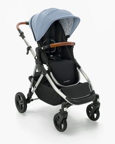 a baby stroller with a blue canopy and black wheels, on a white background