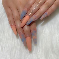 Orange Ombre Nails, Tie Dye Nails, Edgy Nails, Her Nails, Fall Acrylic Nails, Long Acrylic Nails Coffin, Orange Ombre, Blue Nail