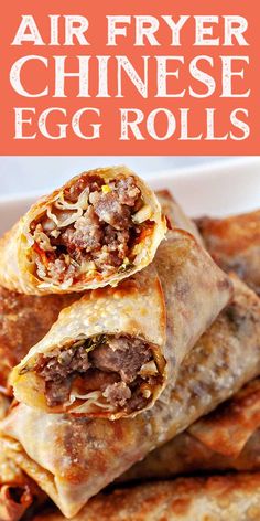 an egg roll is stacked on top of each other with the words air fryer chinese egg rolls