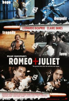 the movie poster for romeo and julient is shown in four different languages, including one