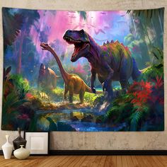 two dinosaurs are walking through the jungle in front of a wall hanging on a wall