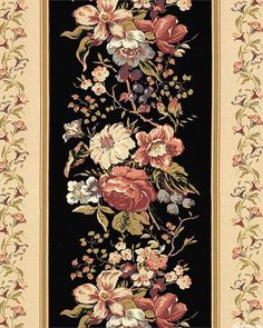 a rug with flowers and vines on black, beige, and red colors is shown