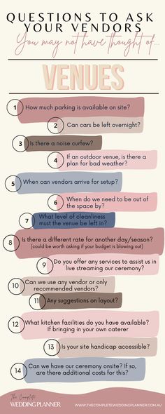 14 questions to ask your wedding venue vendor. 1. How much parking is available 2. Can cars be left overnight 3. Is there a noise curfew 4. If an outdoor venue, is there a plan for bad weather? 5. When can vendors arrive for set up? 6. When do we need to be out of the space by? Acotar Wedding, Wedding Lists, 2025 Bride, Small Wedding Decor, Plus Wedding Dresses, Wedding List, Planning Tools, Engaged Couple, Wedding Vendor