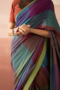 Multi-colored saree with striped print, hand embroidery and tassel detailing. - Aza Fashions Luxury Multicolor Unstitched Saree, Luxury Saree With Multicolor Embroidery And Zari Weaving, Luxury Multicolor Saree With Woven Motifs, Cheap Multicolor Traditional Wear With Zari Weaving, Affordable Multicolor Saree With Zari Weaving, Multicolor Zari Weaving Saree Affordable, Luxury Multicolor Cotton Silk Saree, Cheap Multicolor Zari Weaving Saree, Saree Women