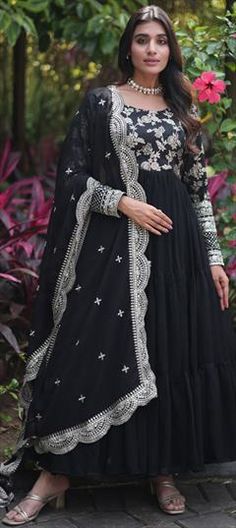 Black and Grey color Gown in Georgette fabric with Embroidered, Resham, Sequence work Black Chikankari Embroidery Sets For Reception, Black Sets With Chikankari Embroidery For Reception, Evening Dresses With Chikankari Embroidery For Eid, Black Resham Embroidered Evening Gown, Black Resham Embroidery Evening Gown, Black Embroidered Gown For Reception, Black Evening Gown With Resham Embroidery, Black Evening Dress With Dupatta, Elegant Black Dress For Reception