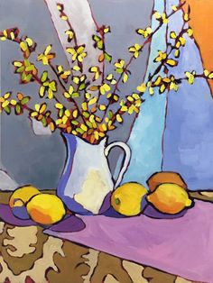 a painting of yellow flowers in a blue vase and some lemons on a table