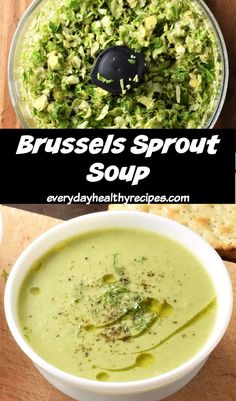 broccoli sprout soup in a bowl with bread on the side