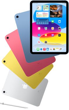 the new ipads are stacked on top of each other, with different colors and sizes