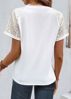 Stretch Cotton Patchwork T-shirt, Cotton Stretch Patchwork T-shirt, Cotton Stretch T-shirt With Patchwork, Stretch Crew Neck Patchwork T-shirt, White Cotton Sequin Top, Spring Patchwork Stretch T-shirt, White Patchwork Crew Neck Top, White Stretch Tops With Sequins, White Stretch Top With Sequins