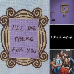 there is a cross stitch picture with words on it and pictures of people in the background