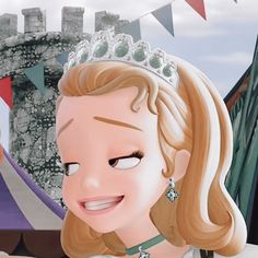 a cartoon girl wearing a tiara and holding a cell phone in front of a castle