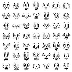 various faces drawn in black and white with different expressions, including eyes, nose, mouth,