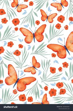 watercolor butterflies and flowers seamless pattern on white background stock photo - royalty illustration