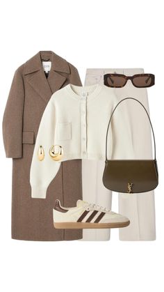 Beige style, brown coat, cos coat , white pants, adidas spezial, adidas samba, saint Lauren bag, brown bag, Prada, fendy , Zara, mango Autumn Chic Outfit, Winter Outfits With Sweaters, Autumn Winter Outfits Women, White And Brown Outfit, Brown And White Outfit, Cozy Chic Outfit, Work Baddie, Outfits For Autumn, Transitional Outfits