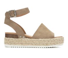 Synthetic upper,Adjustable buckle closure strap at ankle,2 1/4 inch wedge heel height,1 1/2 inch platform height,Open toe,Smooth footbed,Espadrille wrapped midsole,Durable outsole,Smooth strap lining | Women's Soda Topic Flatform Sandals in Dark Natural Size 5.5 Medium Women Platform Sandals, Soda Shoes, Tan Wedges, Wedges Style, Flatform Sandals, Shoe Carnival, Hats For Sale, Womens Sandals Flat, Wedge Espadrille