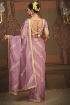 Lavender silk organza�saree with�leheriya pattern gota work, dori, badla and lemon yellow trims.�Comes with matching embroidered and padded blouse. - Aza Fashions Pre-draped Organza Saree With Zari Weaving, Organza Pre-draped Saree With Zari Weaving, Saree Blouse Piece In Organza With Zari Weaving, Bollywood Organza Blouse Piece With Zari Weaving, Unstitched Organza Blouse Piece With Zari Weaving, Organza Blouse Piece With Zari Weaving Unstitched, Eid Organza Blouse Piece With Zari Weaving, Designer Organza Blouse Piece With Zari Weaving, Organza Blouse Piece With Zari Weaving