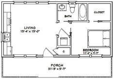 the floor plan for a two bedroom cabin with an attached bathroom and living room area