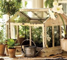 an old greenhouse with potted plants and watering can on a table in front of it