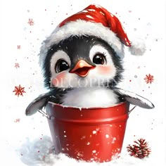 a penguin in a santa hat is sitting in a bucket