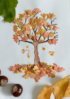 a paper tree with leaves and acorns next to it