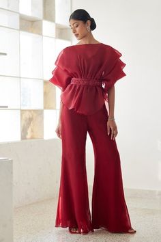 Shop for Mishru Red Iris Dramatic Sheer Pouf Top And Pant Set for Women Online at Aza Fashions Overlapping Sleeves, Organza Top Styles, Red Iris, Mother Of The Bride Outfits, A Line Kurti, Glamour Outfit, Embroidered Tie, Women Dress Online, Organza Top