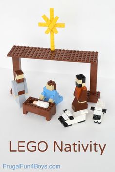 a lego nativity scene with three people and a baby jesus