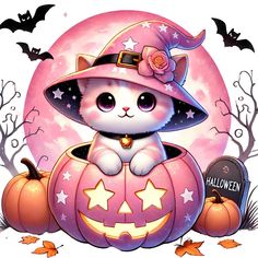 Kawaii Spooky Art, Halloween Imagem, Cute Witches, Halloween Digital Art, Cat Watercolor, Cat Png, Halloween 1, Halloween Drawings