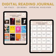 the digital reading journal is displayed next to an ipad with books on it and in front of