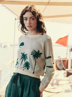 The Great The Palm Pullover in Sea Green Crew neckline Palm tree graphic Lightweight cotton Versatile in styling Palm Tree Landscape, Palm Tree Graphic, Sea Green Color, Tree Graphic, Beach Trips, Graphic Sweaters, Mother Denim, Hair Fragrance, Knit Sweatshirt