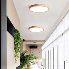 a long hallway with plants on the wall and two round lights hanging from the ceiling