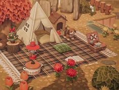 a painting of a tent and picnic table with flowers on the ground next to it