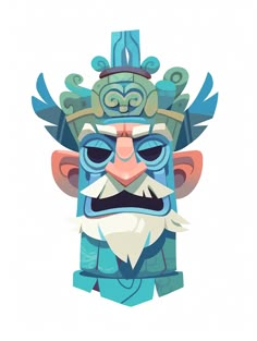 an illustration of a blue mask with feathers on it's head and two faces