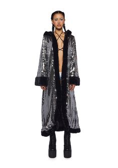 Club Exx Mirror Sequin Hooded Duster Coat - Silver/Black Man Mirror, Pink Club, Holographic Bag, Rave Festival, Rave Wear, Fairy Dress, Fashion Shop, Faux Fur Coat, Festival Outfit