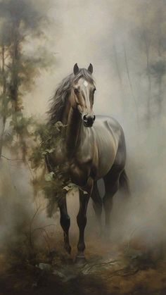 a painting of a horse standing in the woods with fog coming from its back legs