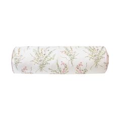 an image of a rolled up pillow on a white background with pink flowers and green leaves