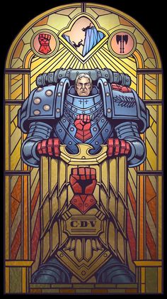 a stained glass window with an image of a robot