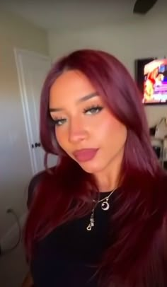 Deep Red Money Piece Hair, Outfits With Burgandy Hair, Maroon Blonde Hair, Deepest Cherry Black Hair Color, Red Hair On Latinas, Deep Maroon Hair, Burgundy Hair With Bangs, Dark Red Hair Color Burgundy, Latinas With Red Hair