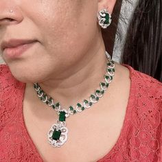 Emerald Green Nita Ambani Silver Tone American Diamond Necklace Earring Set With Adjustable Dori Indian Wedding Necklace Jewellery - Etsy Green Jewelry For Eid, Elegant Party Necklace For Eid, Diwali Party Jewelry Sets, Elegant Jewelry Sets As Eid Gift, Elegant Jewelry Sets For Eid Gift, Silver Necklace For Eid Party, Green Jewelry Sets For Diwali Formal Occasion, Silver Necklaces For Eid Party, Indian Wedding Necklace